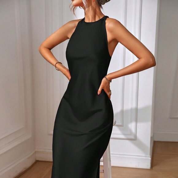 Black Preppy Womens Solid Split Thigh Dress - Picture 3 of 5